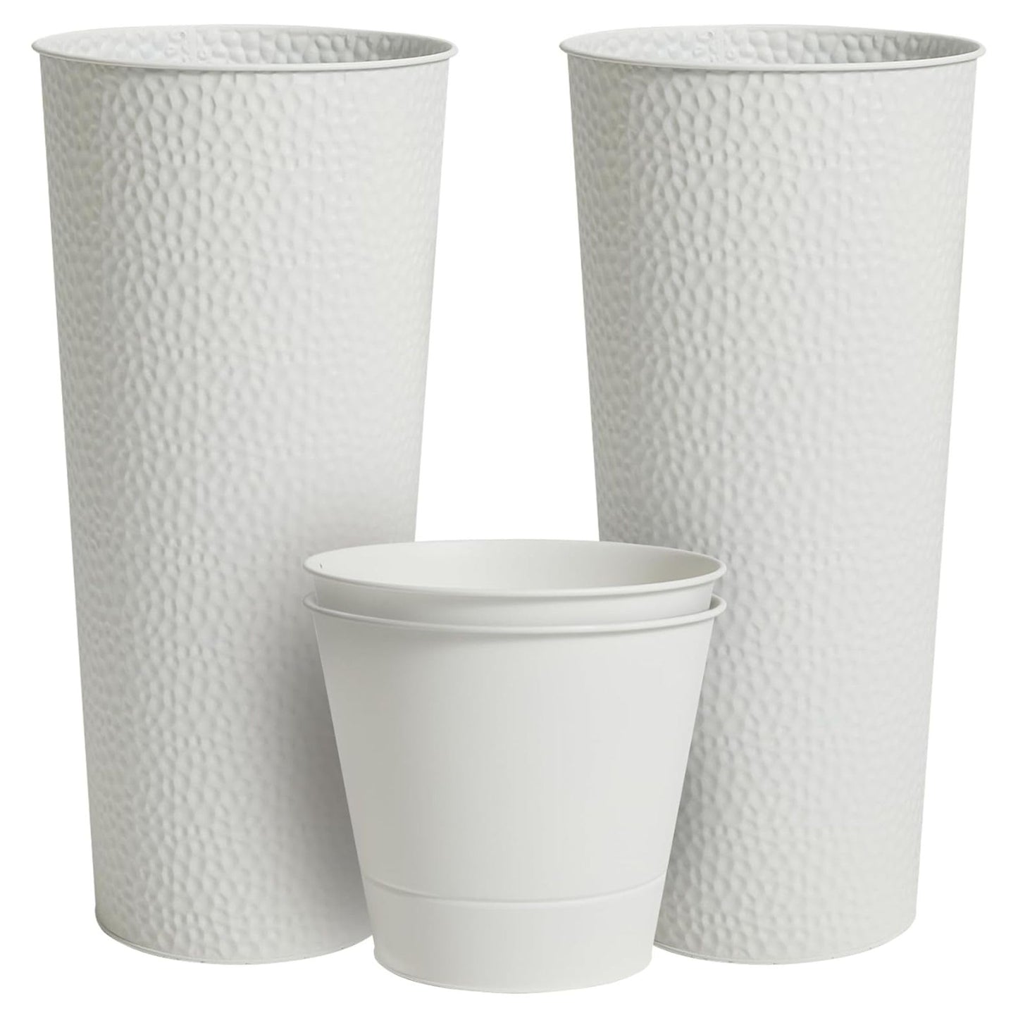 Worth 2 Pack 28" Tall Narrow Metal Planter with Inside Pot for Indoors or Outdoors, Deck, Patio or Front Porch, Hand-Hammered Texture, White