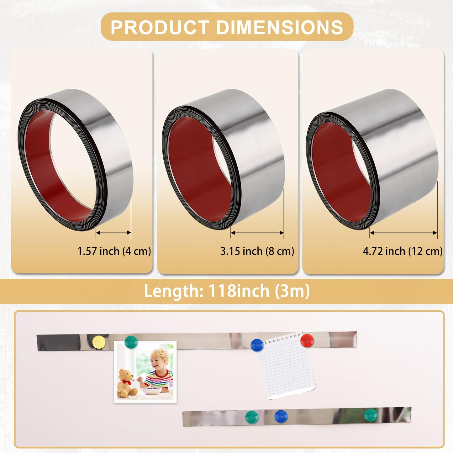 Soengsau 118" x 1.57" Flexible Self Adhesive Metal Strip for Magnets, Peel and Stick Ferrous Memo Tape for Bulletin Boards, Workshop, Office and School Use