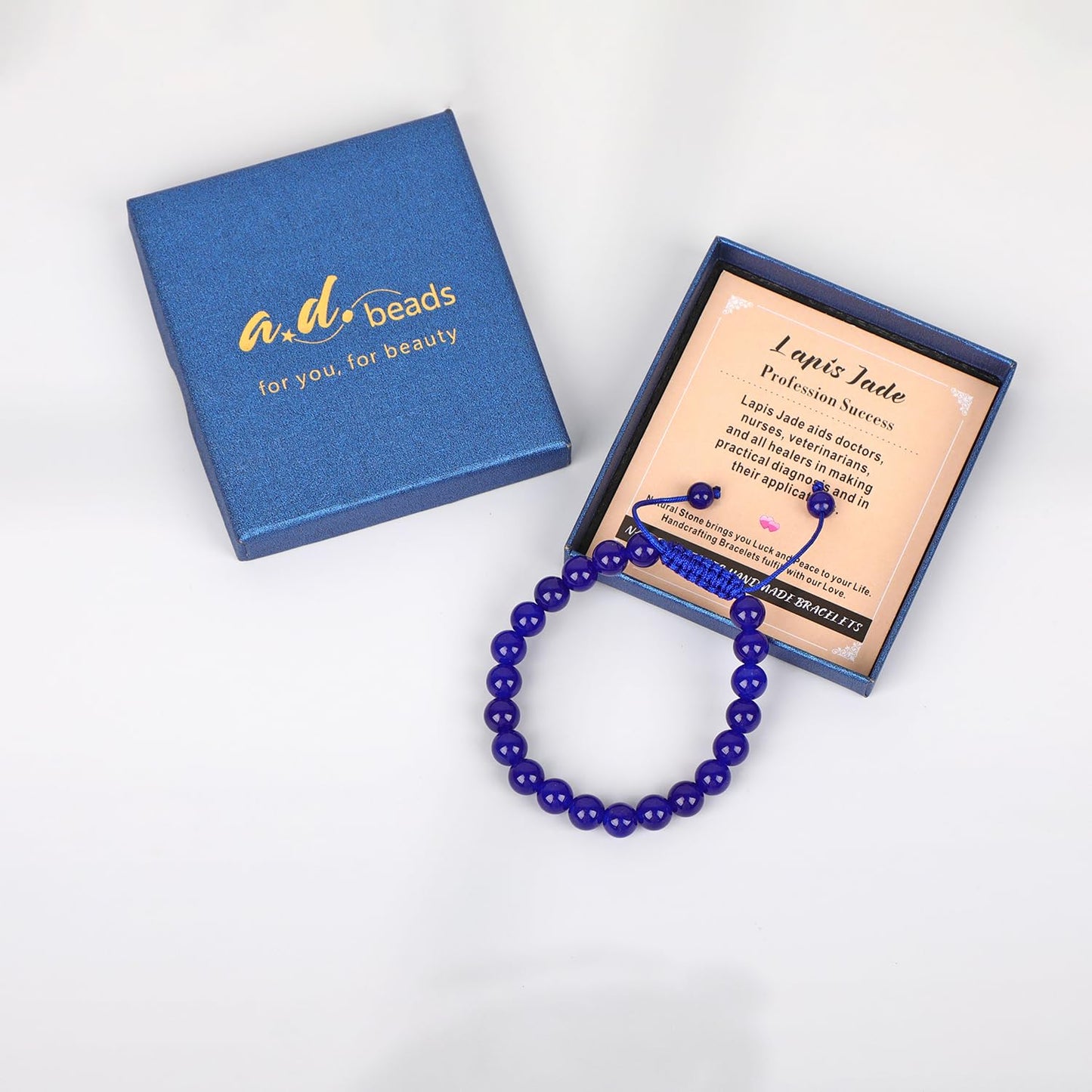 AD Beads 8mm Blue Lapis Jade - Profession Success - Handmade Natural Stone Crystal Bracelet with Adjustable Macrame String - Yoga Healing Power Energy Gifts for Men and Women