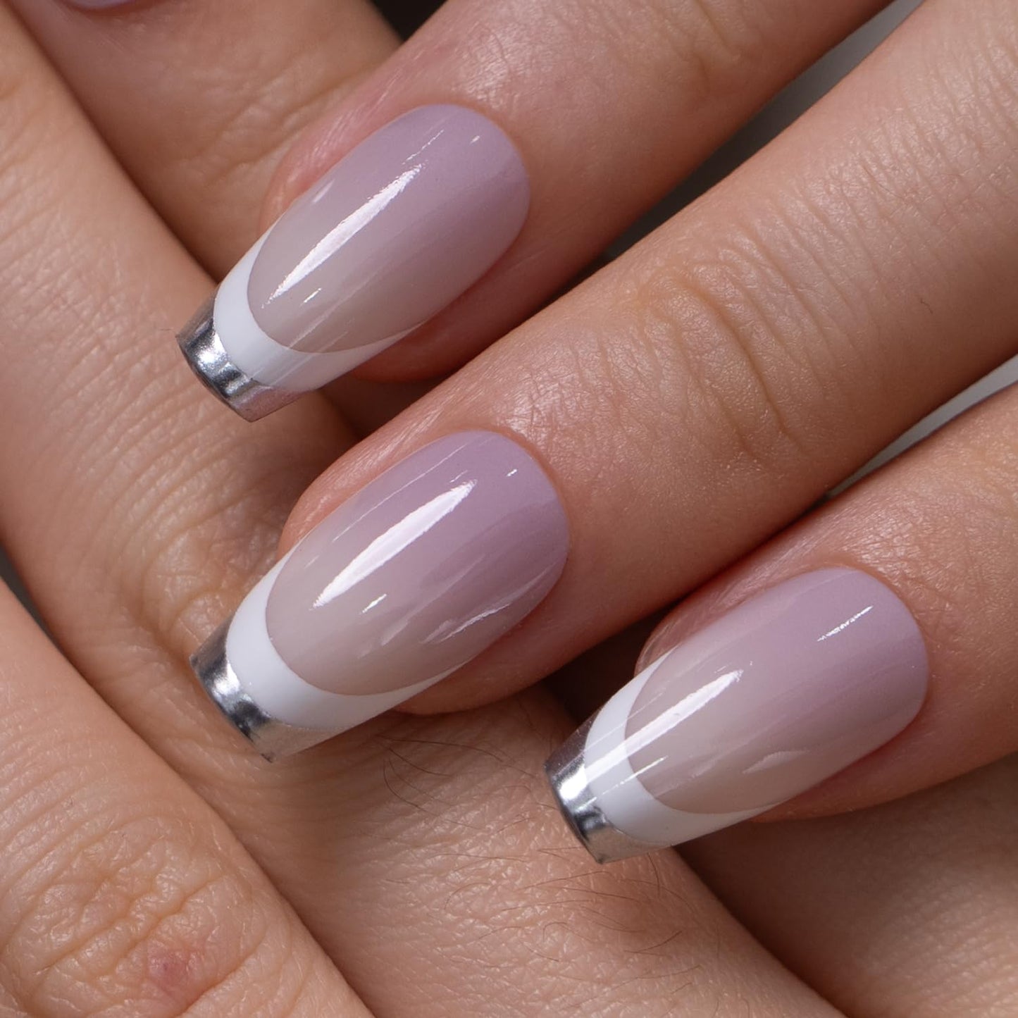 CurvLife Soft Gel Coffin Ballerina Press-On Nails Medium,30Pcs Reusable Fake Nail Tips with Adhesive Tabs, Salon-Quality Stick-On Nails for At-Home Manicure (Silver Contour)