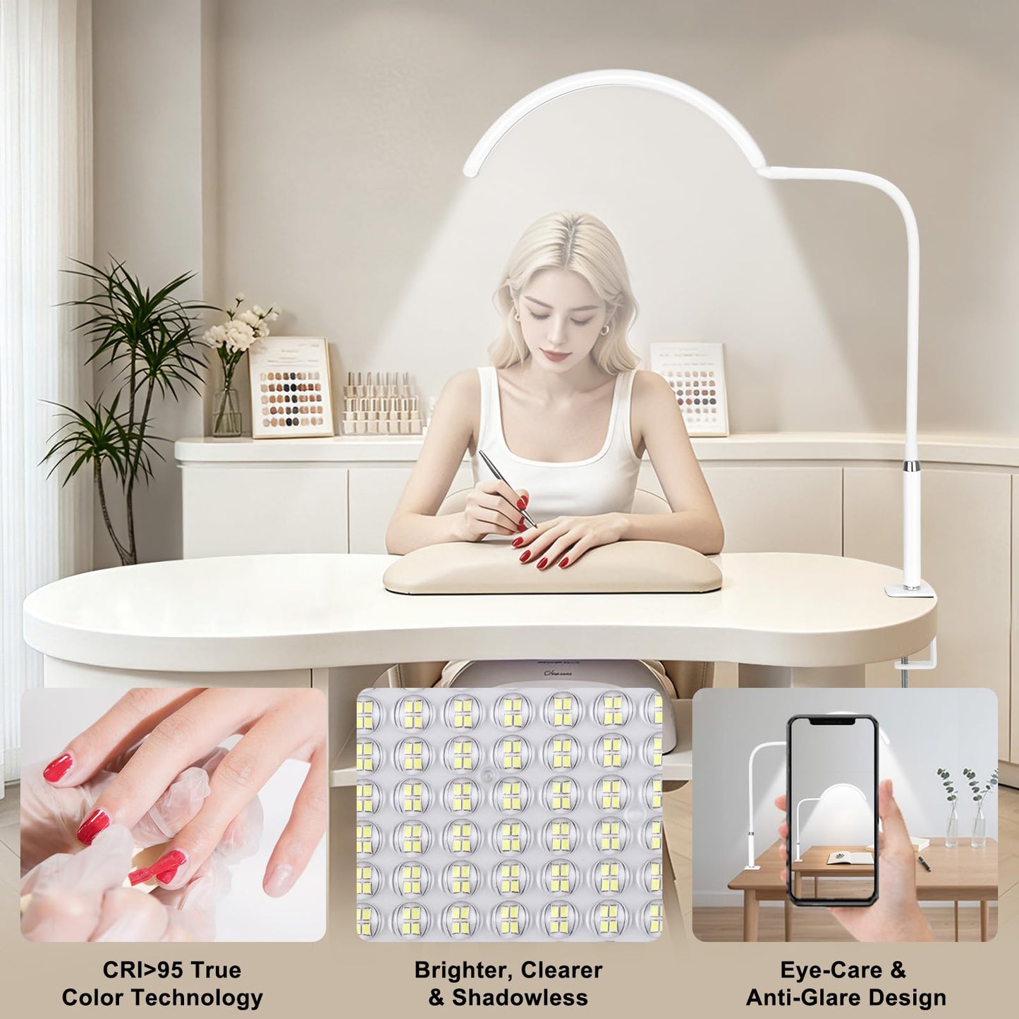 Half Moon Light for Nail Desk - Professional Shadowless LED Manicure Lamp with Clamp, 3 Color Modes & 10 Brightness Levels, Eye-Caring Beauty Lamp for Eyelash Extensions, Tattoo, Estheticians