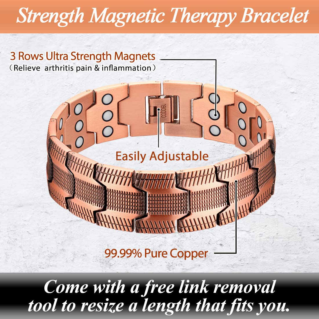 Cigmag 3X Copper Bracelet for Men Triple Ultra Strength Magnets Pure Copper Magnetic Bracelet & Ring Set with Adjustable Sizing Tool