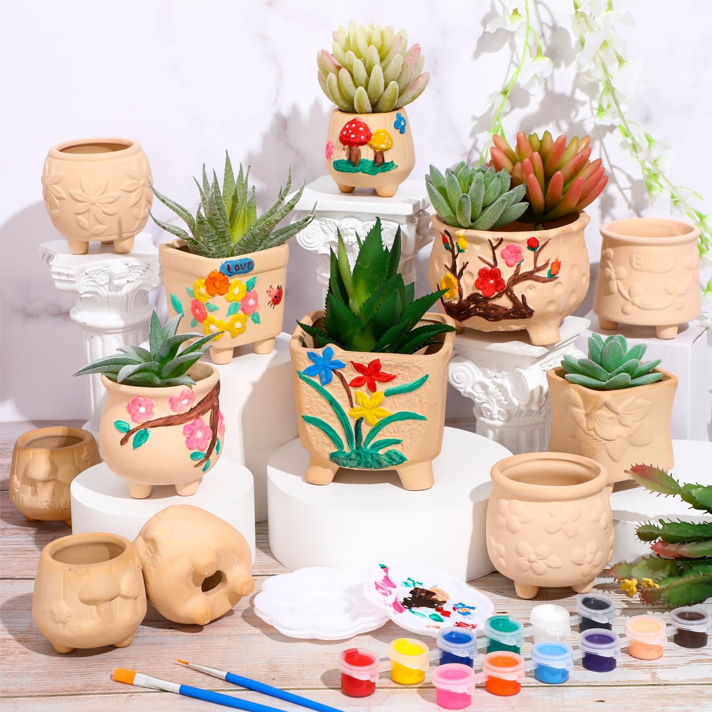 Hushee 12 Sets Ceramic Succulent Planters Paintable Succulent Plant Pots Small DIY Figurines Unpainted Pots with Drainage Hole Color Paints Paintbrushes Palettes(Flower)