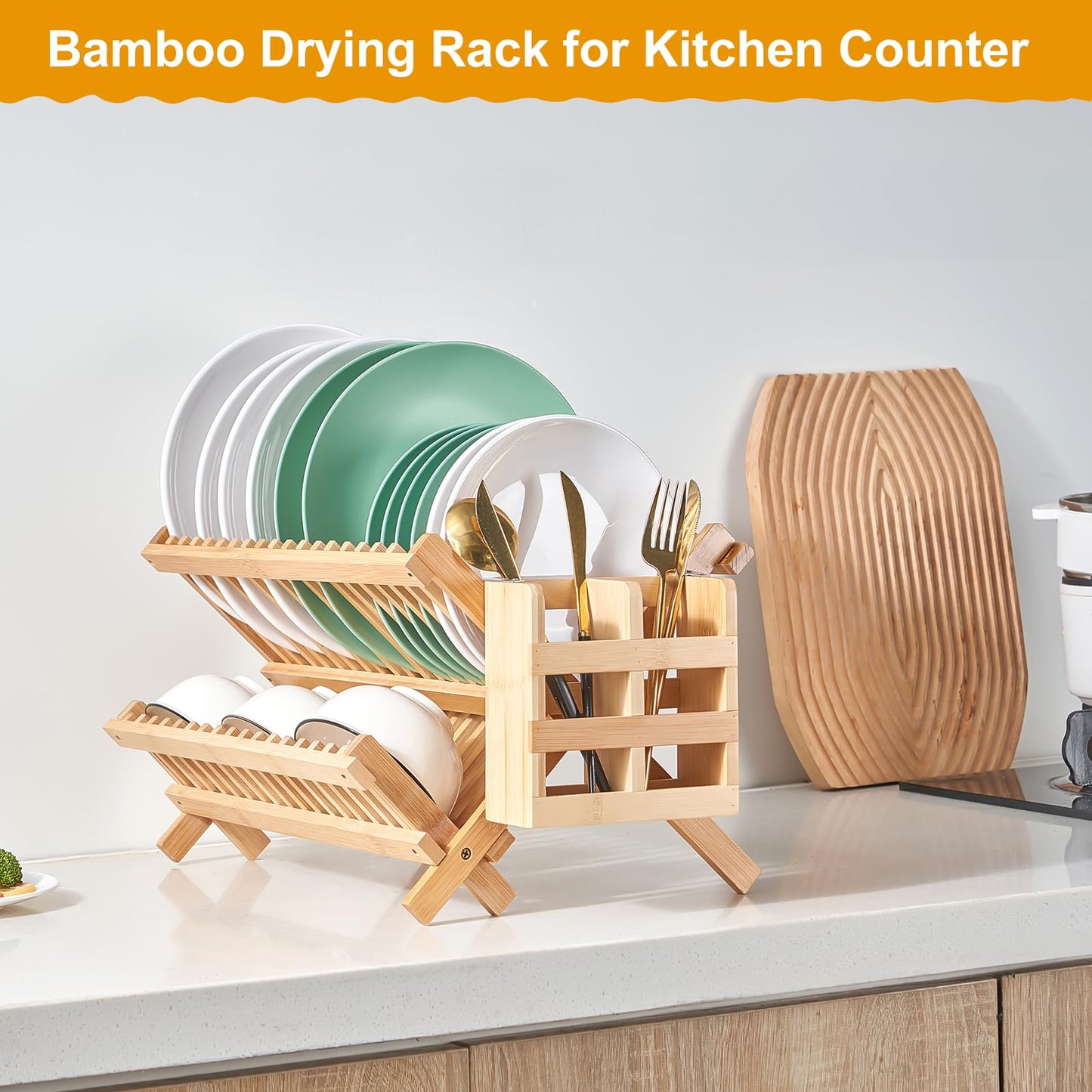 Worthyeah Bamboo Dish Drying Rack, 2 Tier Collapsible Dish Rack with Utensil Holder, Wooden Dish Drying Rack for Kitchen Counter, Large Folding Drying Holder, Dish Drainer 34 pcs Grid