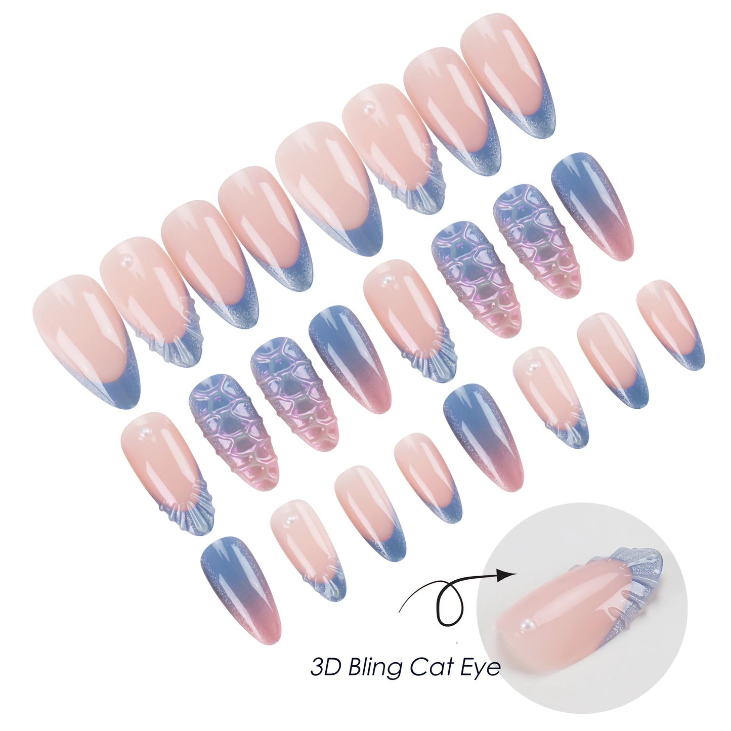 BABALAL Press On Nails, Medium Almond Fake Nails, Pink Blue Mermaid Shell Design Cat Eye, 3d Handmade Bling Acrylic, Glossy Full Cover Glue On Nails 24Pcs