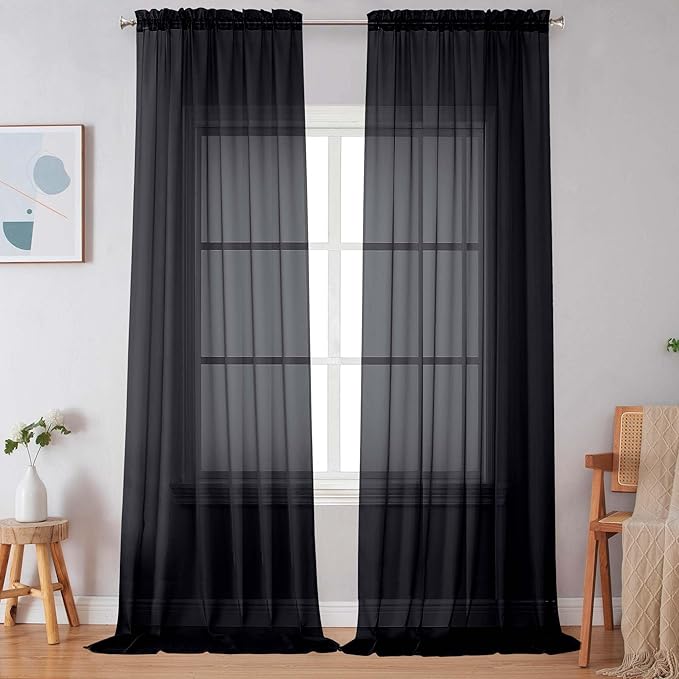 Simplebrand Black Sheer Curtains 120 Inches Long, Extra Long Rod Pocket Solid Color Window Sheer Curtain Panels, Elegant Curtains & Drapes for Living Room, Bedroom 2 Panels (Black, 59" W x 120" L)