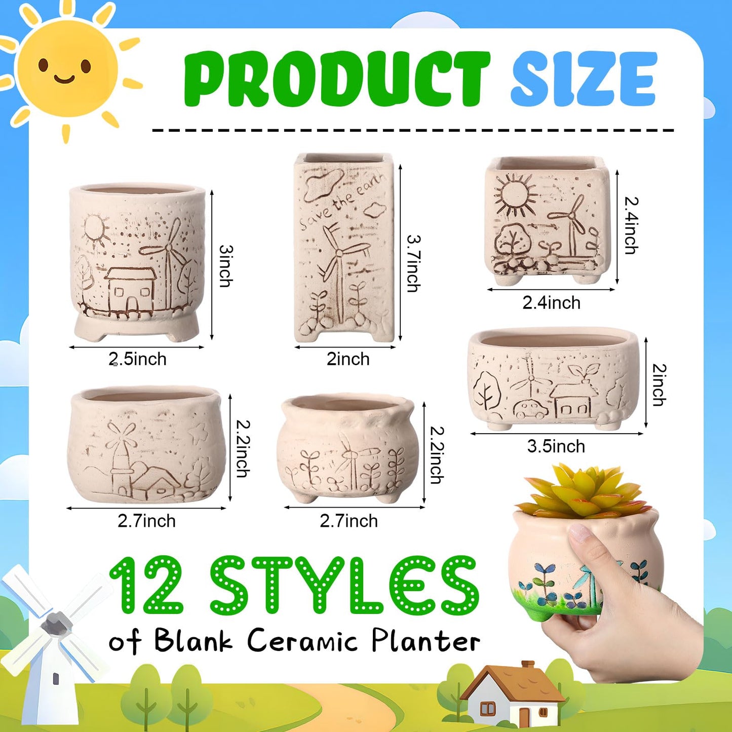 Hushee 12 Pcs Ceramic Succulent Planters White Ceramic Pots Paintable Succulent Plant Planters Containers Small DIY Figurines Unpainted Pots with Drainage Hole Paintbrushes Palettes(Windmill)