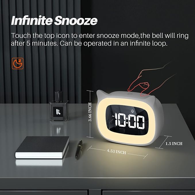 Cute Cat Ear Alarm Clock with Night Light for Bedroom,White