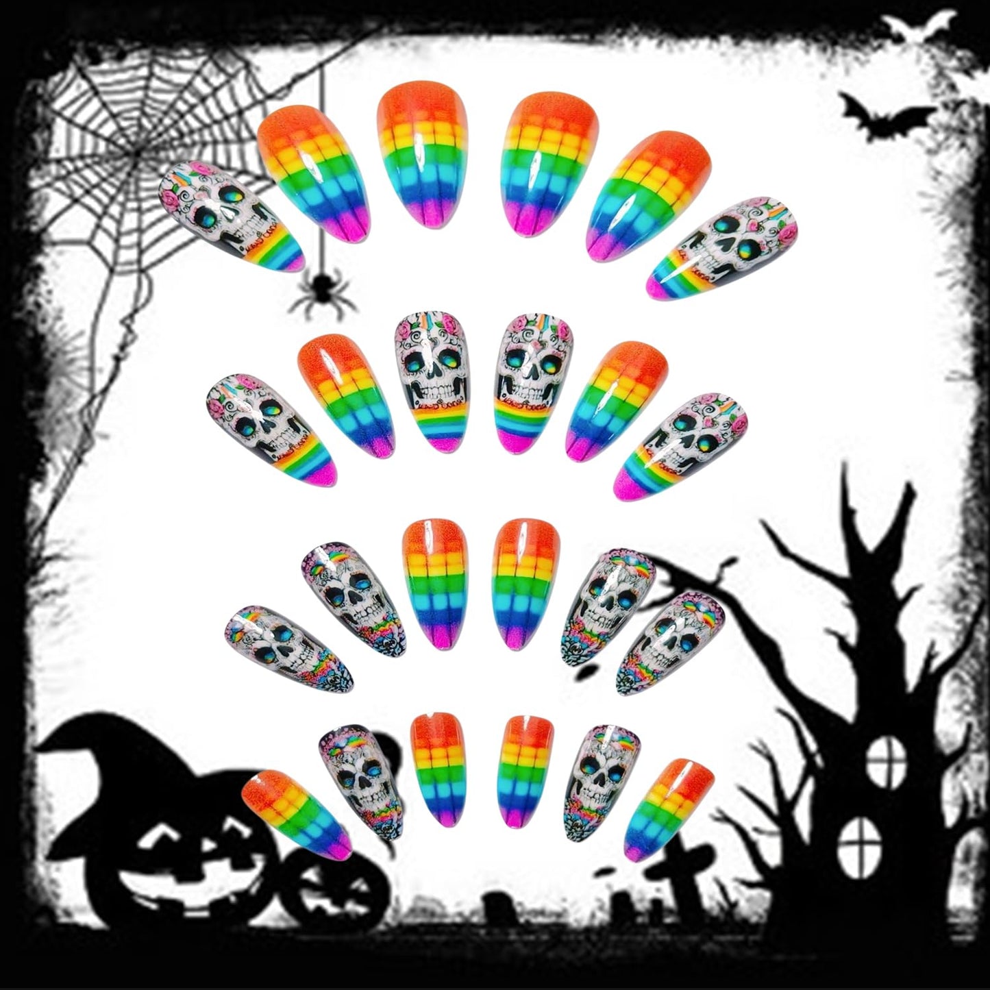 24Pcs Halloween Skull Press on Nails Long Colorful Grid Flower Skull Pattern Design Halloween Nail Full Cover Glossy Artificial Acrylic False Nail French Almond Tip Medium Glue on Nails for Women