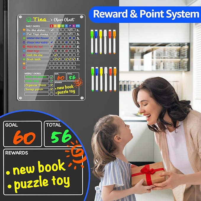 PigPotParty Acrylic Magnetic Chore Chart for Kids, 12"x16" Reward Responsibility Chart, Chores Checklist, 3 Weekly Dry Erase Fridge Board for Teens Adult Family Multiple Kids, w/ 18 Markers & Towel