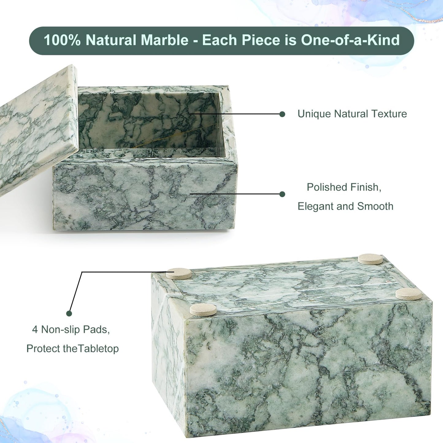 Sumlus Natural Marble Storage Box with Lid, Rectangular Stone Organizer Box for Jewelry, Cotton Swabs, Makeup, 5.9x3.9x3.1 Inch Luxury Home Decor Marble Keepsake Box