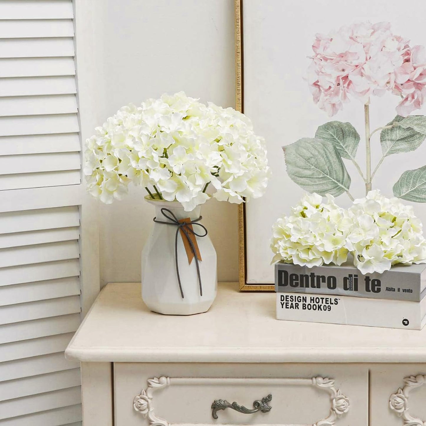 FLORRALIA Fake White Hydrangea Artificial Flowers - Faux Silk Hydrangeas Flowers Heads with Stems Real Touch for Home Wedding Party Table Decor(CreamWhite,Pack of 10)