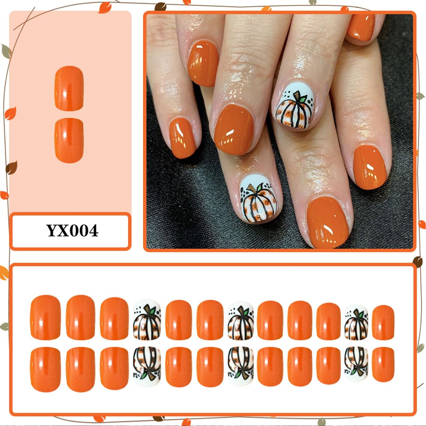 Fall Press on Nails Thanksgiving Glue on Nails Short Square Fake Nail with Cute Pumpkin Design Orange Full Cover False Nail Press ons Artificial Autumn Thanksgiving Manicure Set for Women 24Pcs