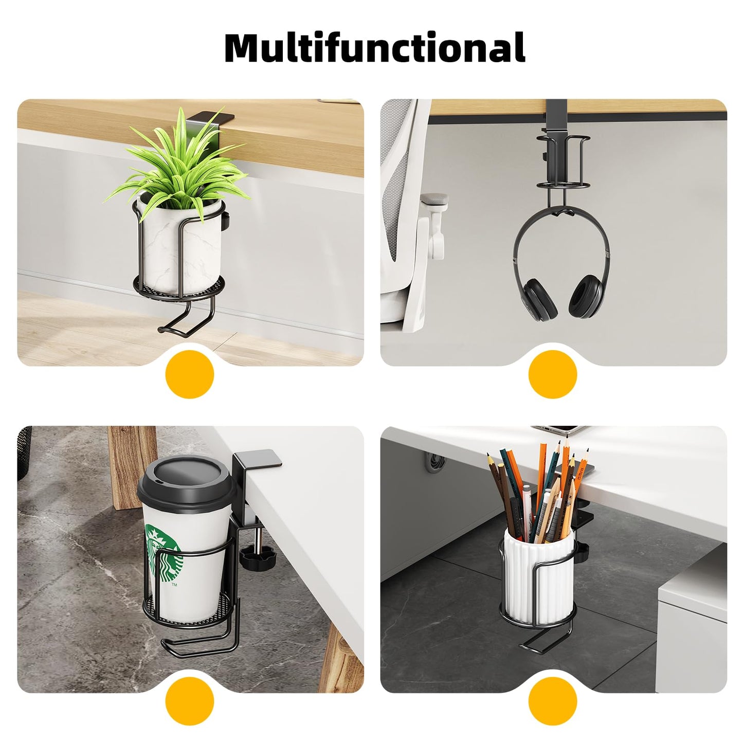 CABTE 2 Pack 2 in 1 Desk Mug Hooks with Headphone Hanger Holder, Anti-Spill Clip-On Table Mug Hooks with 360° Rotation for Lawn Chair, Office Home Gaming Table