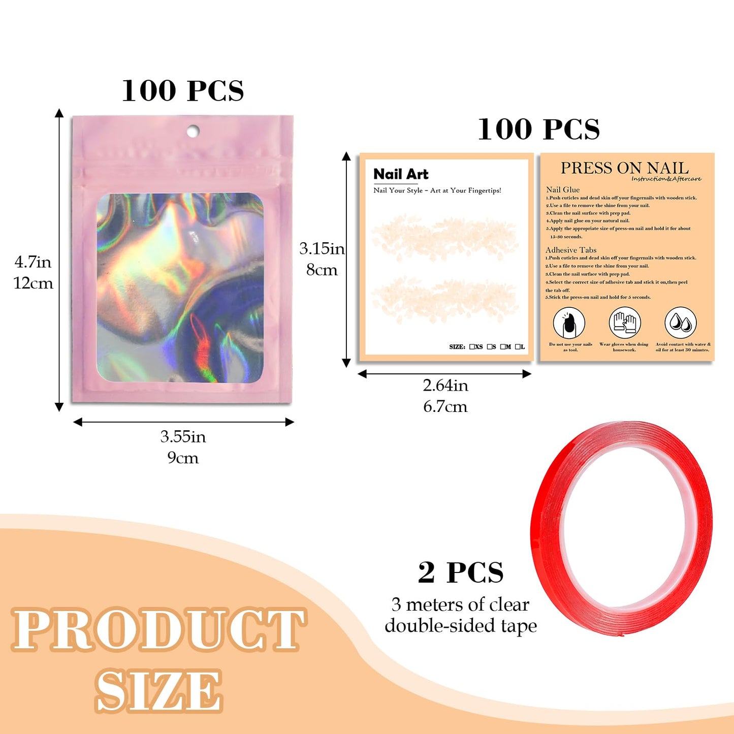 202pcs Press on Nail Packaging Bag, 100pcs Empty Holographic Nail Storage Bag and 100pcs Instruction&Display Black Cardboard with 2 Roll Transparent Tape for Nail Display Profession Salon(Pink, 100)