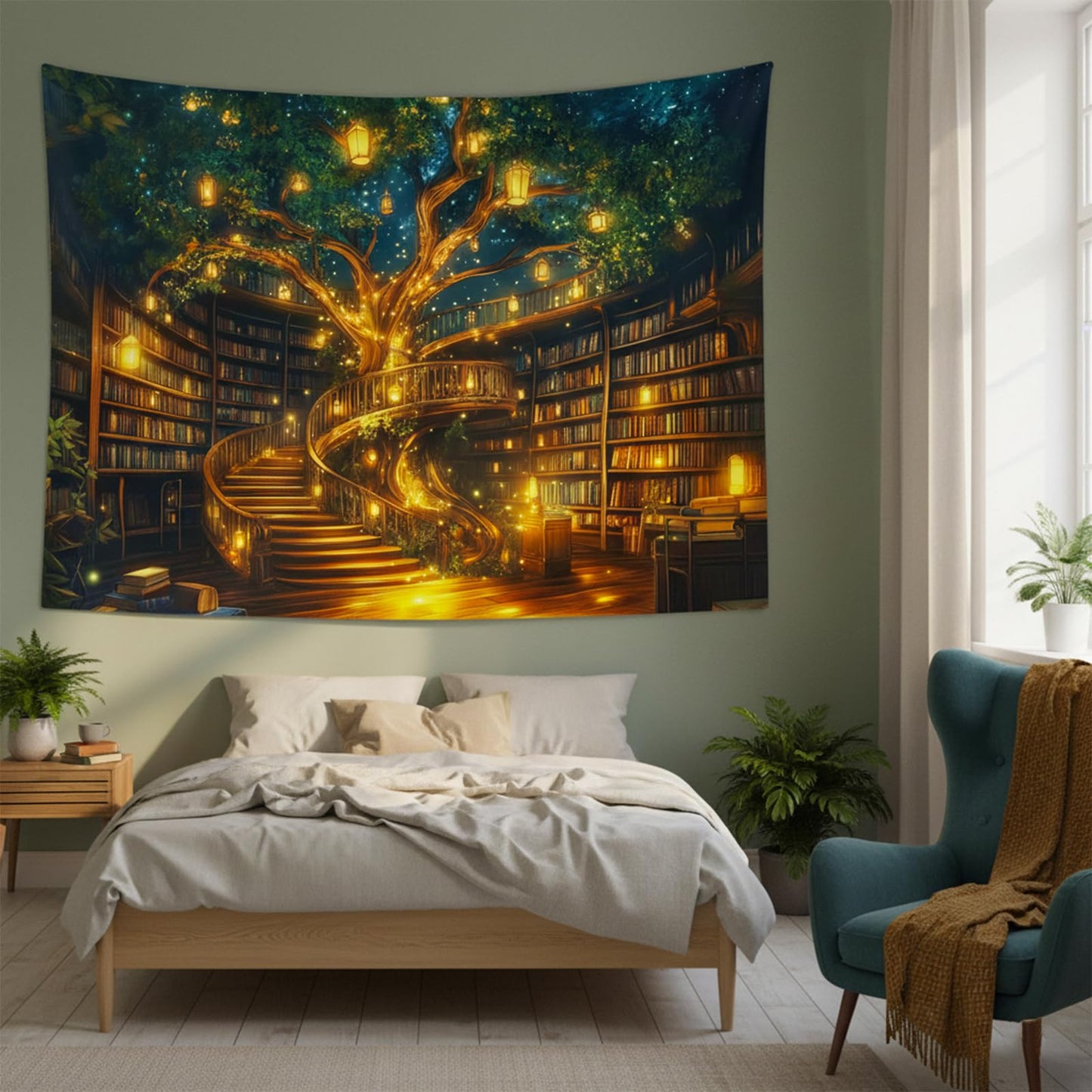 Miytal Enchanted Tree Library Tapestry – Magical Bookshelf Reading Room Wall Hanging, Cozy Literary Art Decor for Bedroom, Living Room, or Study - 51.2'' x 59.1''