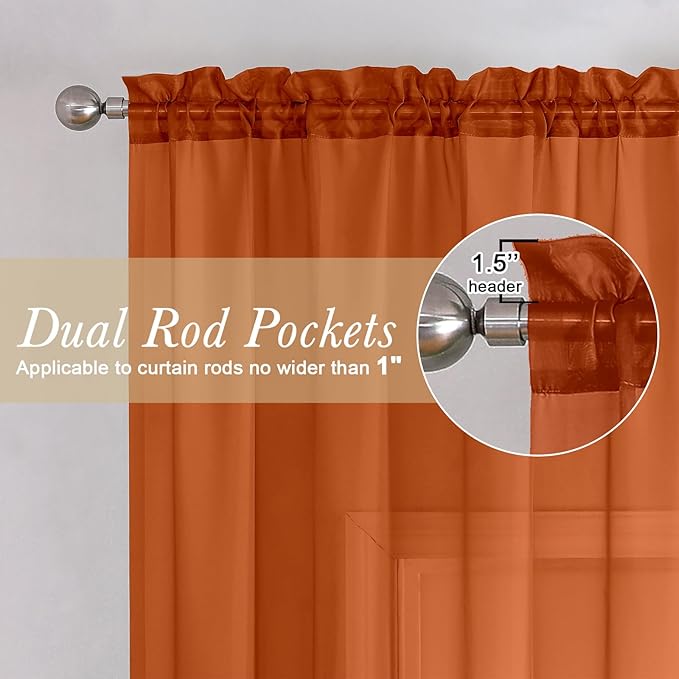 Lecloud Orange Sheer Curtains 90 Inches Long 2 Panels, Light Filtering Voile Airy Curtains, Balance Light Privacy Window Treatments with Rod Pocket for Bedroom Living Room, Each 42" W x 90" L