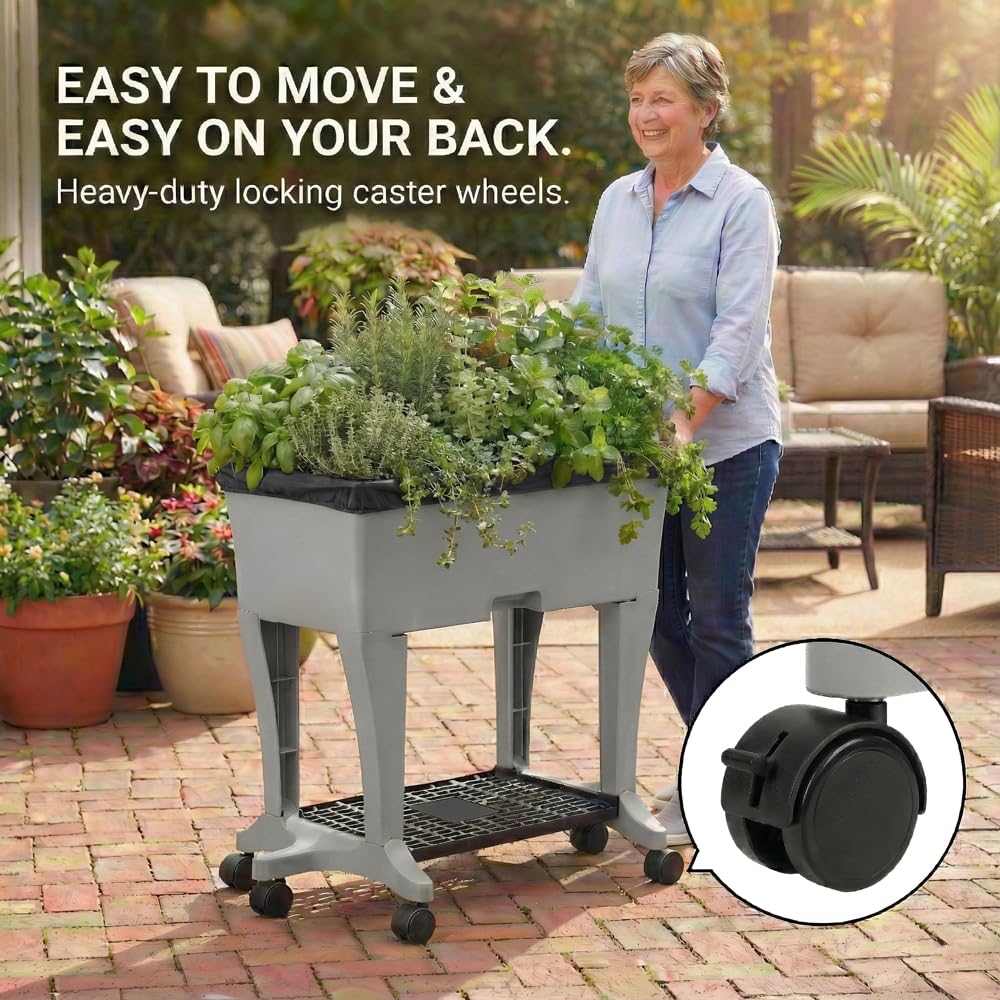 EarthBox Raised Garden Bed with Legs – Elevated Self Watering Planter Box with Wheels, Storage Shelf, Premium Plant Food, Easy Assembly, Made in USA, Gray