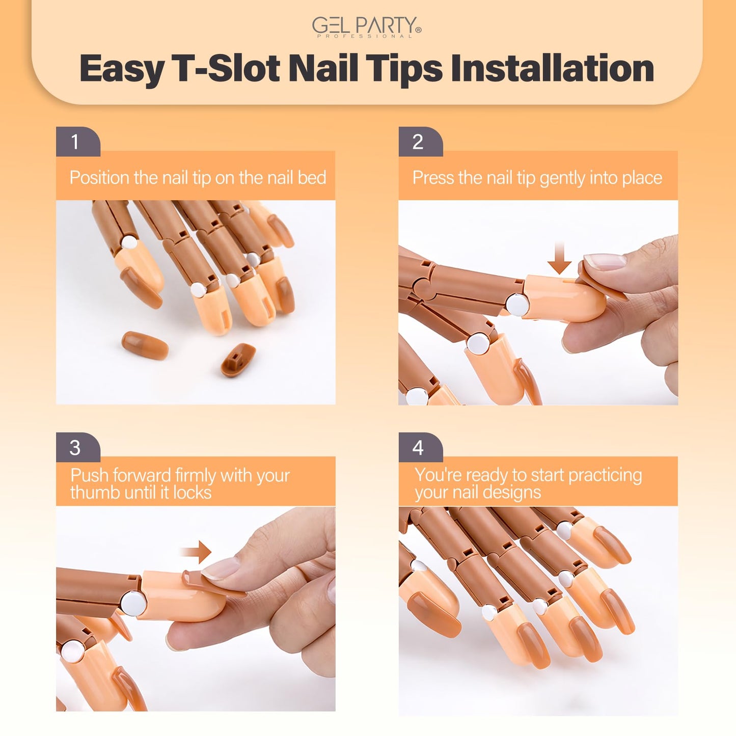 GELPARTY Flexible Nail Practice Hand with Table Clamp - Full Training Starter Kit for Acrylic & Gel Nails, Includes 200pcs Brown Tips, Clippers, Files & Brushes - Professional Manicure Set (Set B+)