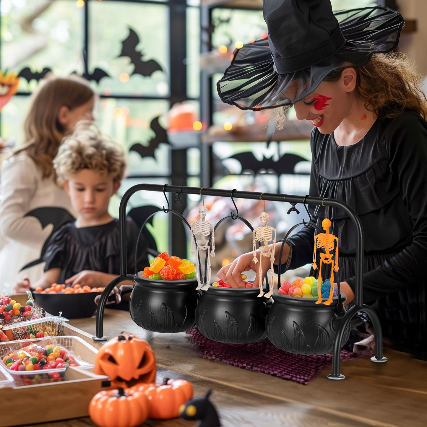 Halloween Decor - Halloween Party Decorations - Set of 3 Witches Cauldron Serving Bowls on Rack - Black Plastic Cauldron with Skeletons for Indoor Outdoor Home Kitchen Decoration