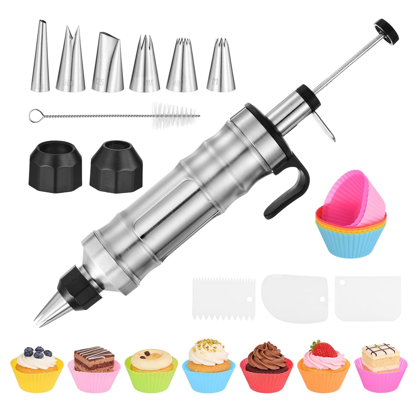 PATIKIL Dessert Decorating Set, Cake Decorating Kit with 6Pcs Stainless Steel Piping Tips 7 Pcs Silicone Cupcakes 1 Pcs Brush Frosting Piping Kit for Baking Pastry Decorating, Black