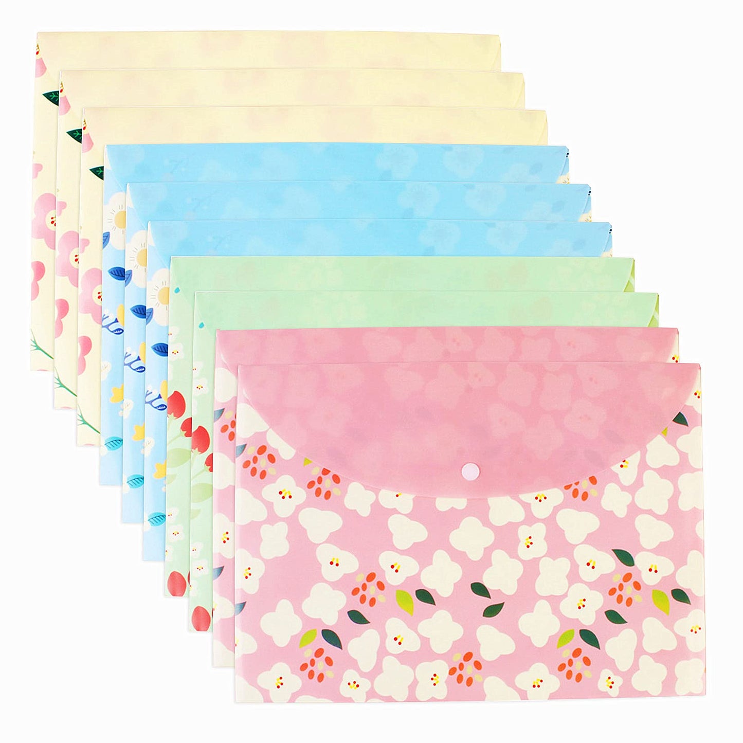 10 pcs Style Floral Printed A4 Paper Document File Folder Poly Envelopes Document Organizer Booklet File Paper Folders with Snap Button 4 Color (4 Color, A4)