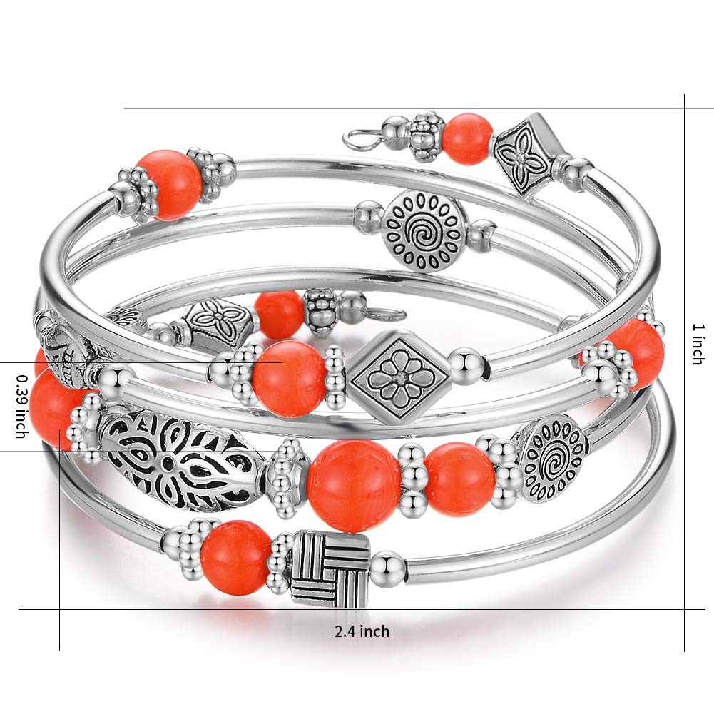 BULINLIN Layered Wrap Bangle Turquoise Bracelet - Bead Bracelet with Natural Agate Stone, Gifts For Women (08-Orange)