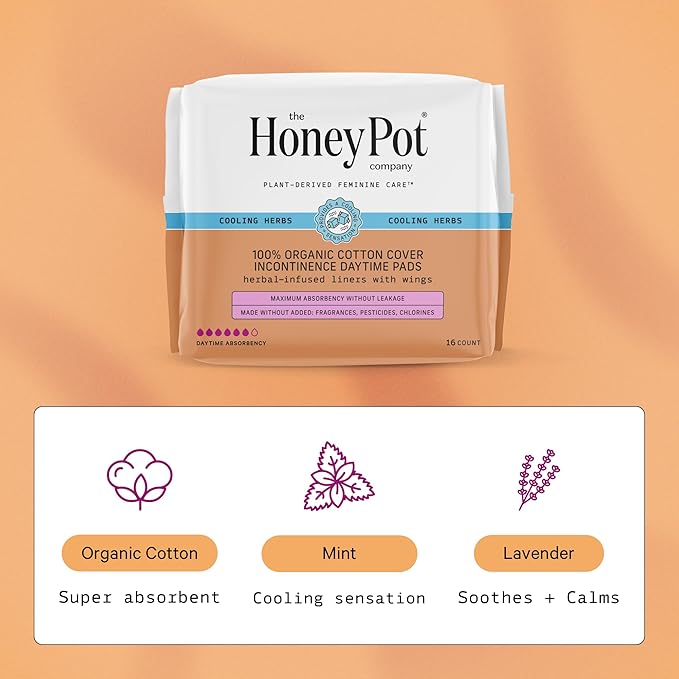 The Honey Pot Company - 64ct - Herbal Pads for Women - Organic Incontinence Daytime w/Wings. Infused w/Essential Oils for Cooling Effect & Postpartum Essentials - Feminine Care - FSA & HSA