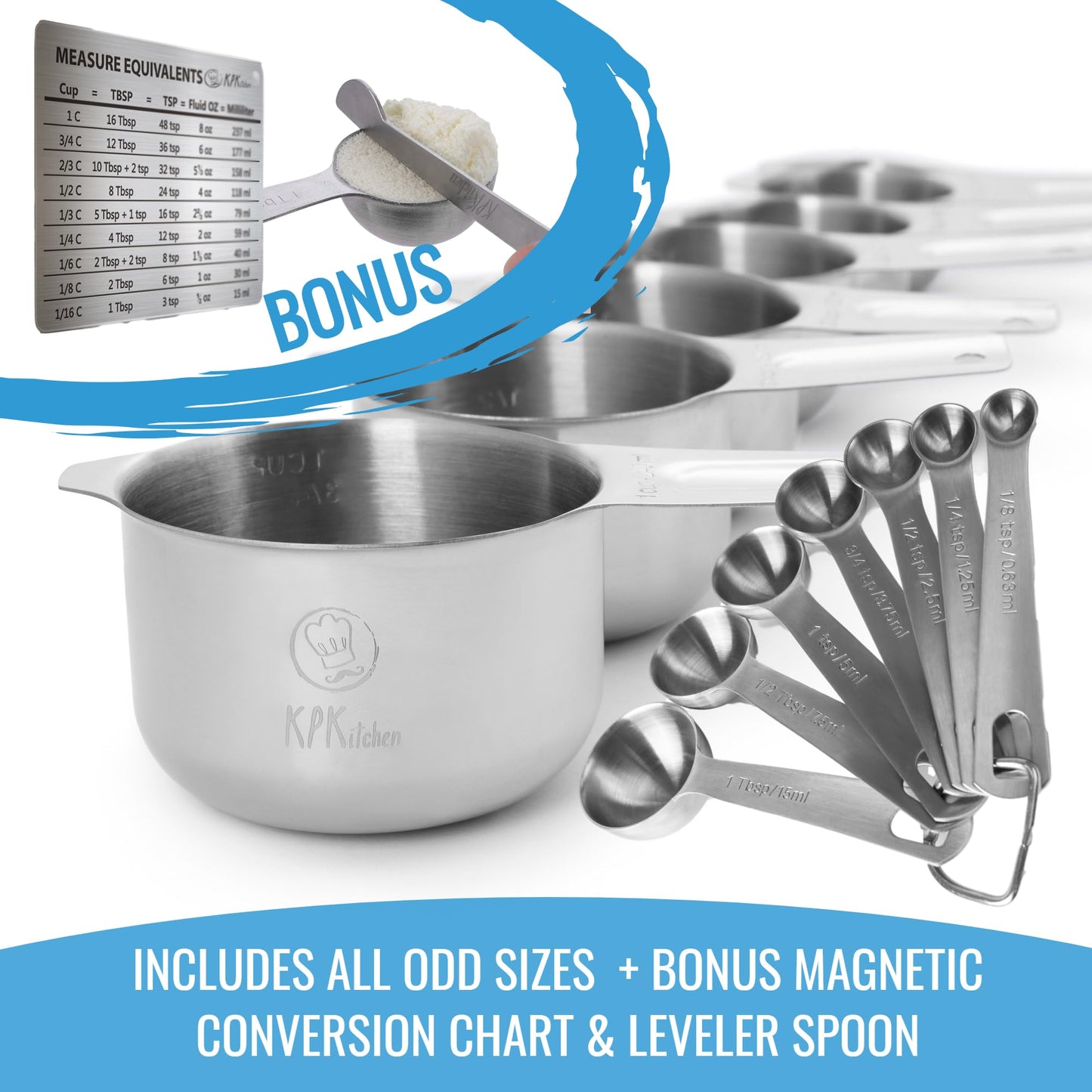 Stainless Steel Measuring Cups and Spoons Set of 16-7 Cup & 7 Spoon + Conversion Chart & Leveler - Kitchen Measuring Spoons and Cups - Dry Measure Cups Stainless Steel & Baking Metal Measuring Cups