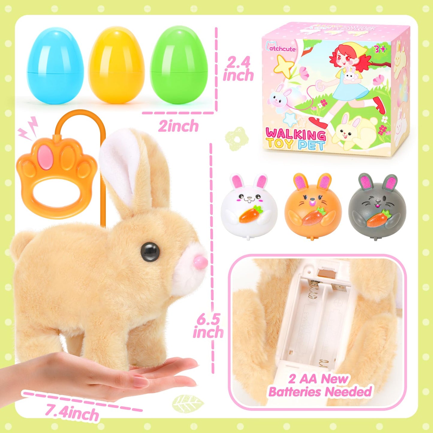 CatchCute Easter Plush Bunny Toys for Kids,Interactive Bunny with Sounds,Can Walk,Wag Tail and Twitch Nose with Remote Control Leash,Easter Eggs with Pull Back Cars,Easter Birthday Gift for Toddlers