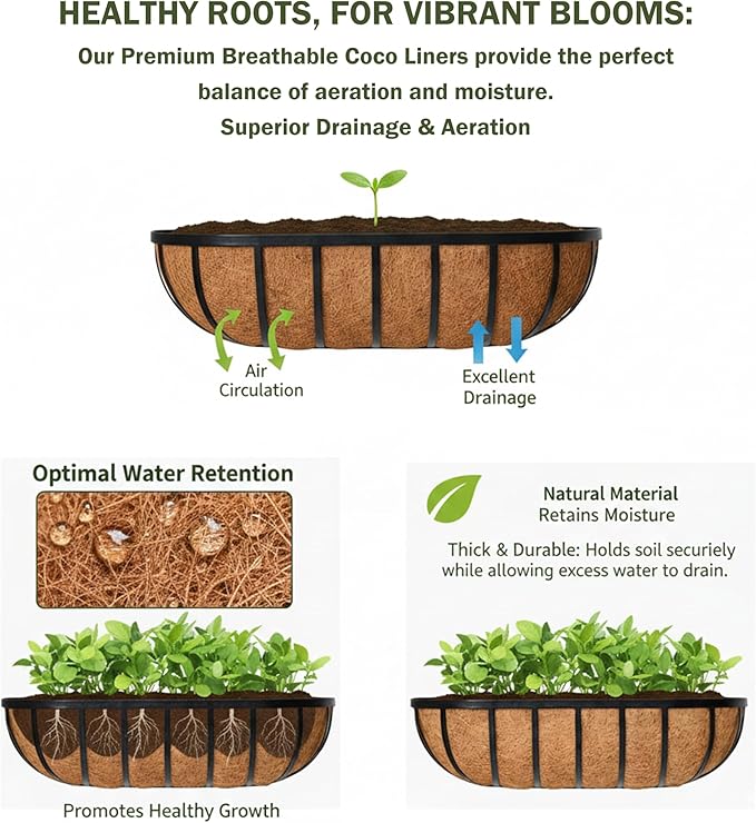 24“ Window Box Railing Planter with Coco Liner Metal Wall-Mounted Coconut Liner Planter Basket English Horse Trough Planters for Outdoor Deck Balcony Porch Fence Patio Black (2 Pack)