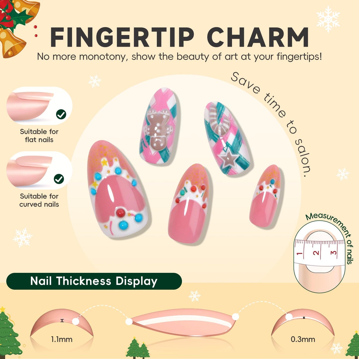 HOSAILY Cute Pink Winter Press on Nails Short Almond Fake Nails with 3D Embossed Gingerbread Man Candy Star Design Rhinestone Glue on Nails,30pcs Glossy Bling Stick on Nail Press ons for Women