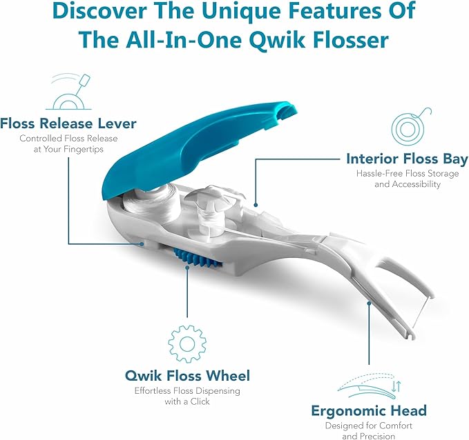 QWIK Automatic Dental Flosser | Click-to-Use, Reusable & Refillable | Pre-Loaded Floss with Travel Cover | Easy Flossing for Plaque Removal, Clean Teeth & Fresh Breath (Pink)