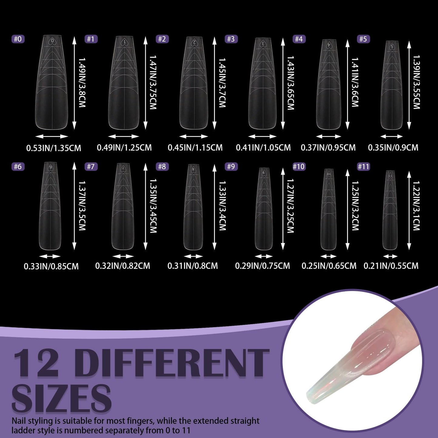 Realand 600 Pack Long Coffin Nail Tips with Guiding Line, 8 Shapes with 12 Sizes, Clear False Acrylic Nail Tips Ballerina Matte Extensions Full Cover with Case for Salon and DIY
