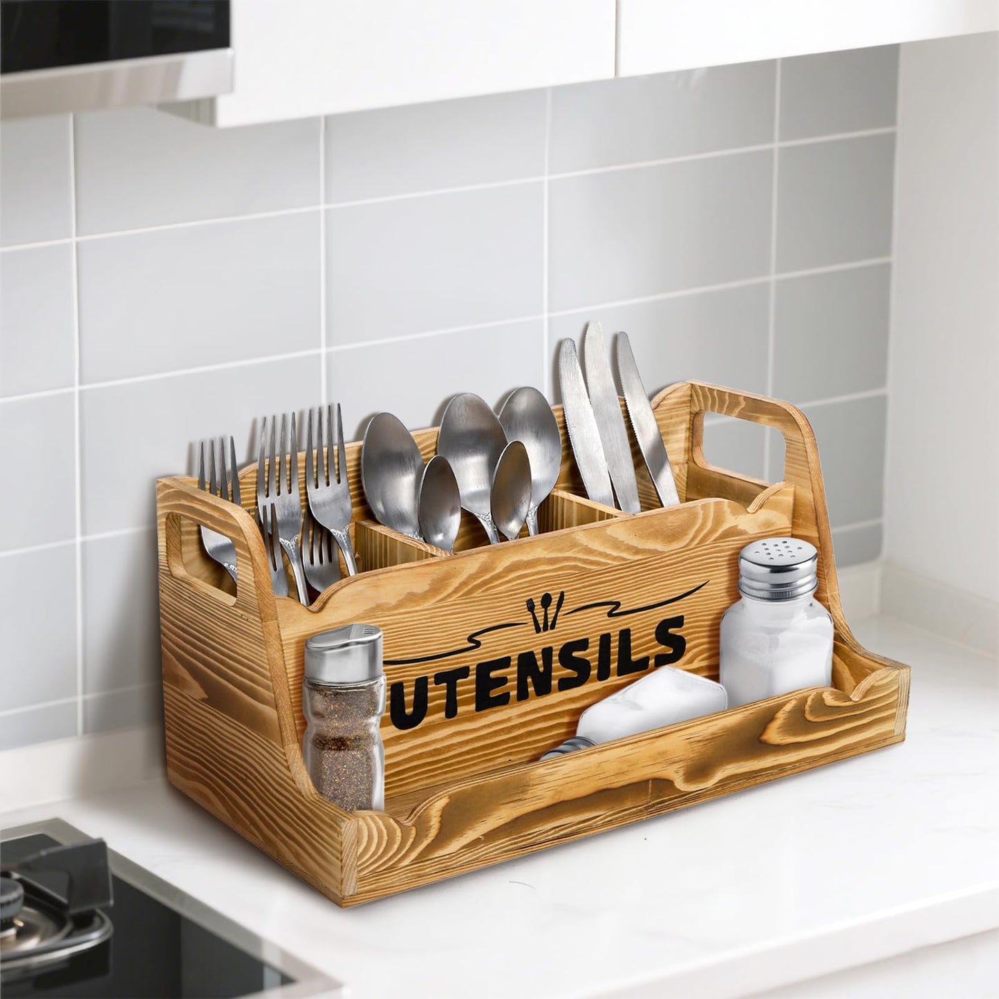 Noamus 15" Kitchen Utensil Holder with Spice Bottles Tray, Extra Large Wood Countertop Utensil Organizer with Handles, 4 Compartment Cooking Tool Storage Caddy for Home Decor Gift