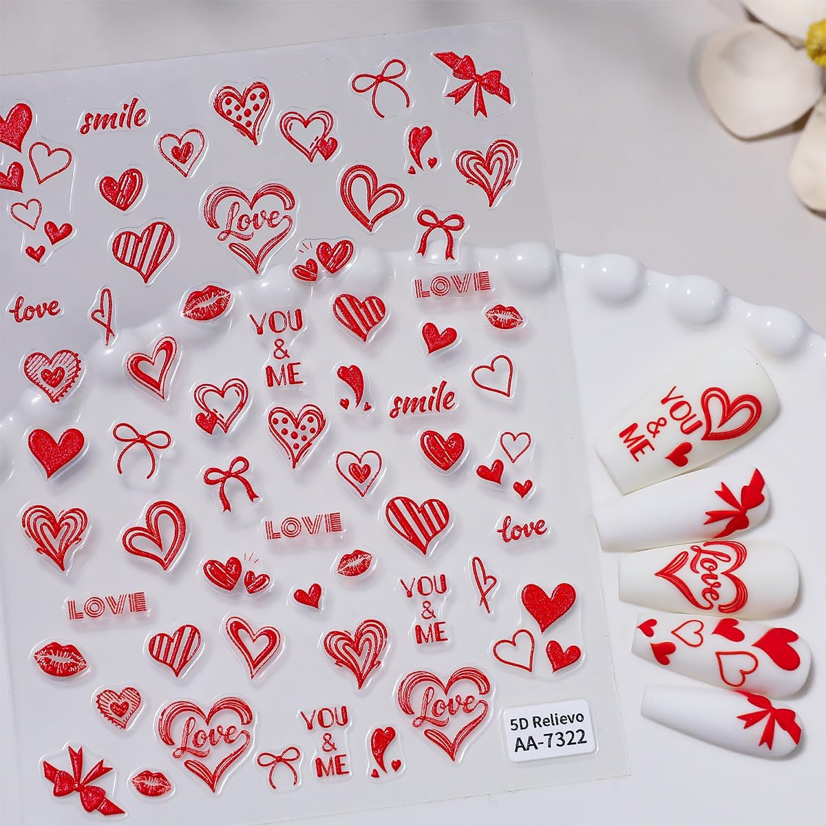 4 Sheets 5D Embossed Valentines Nail Art Stickers Red Heart Bow Nail Decals Self-Adhesive Romantic Love Red Lips Nail Design Stickers Cute Valentine's Nails Supply for Women DIY Manicure Decoration