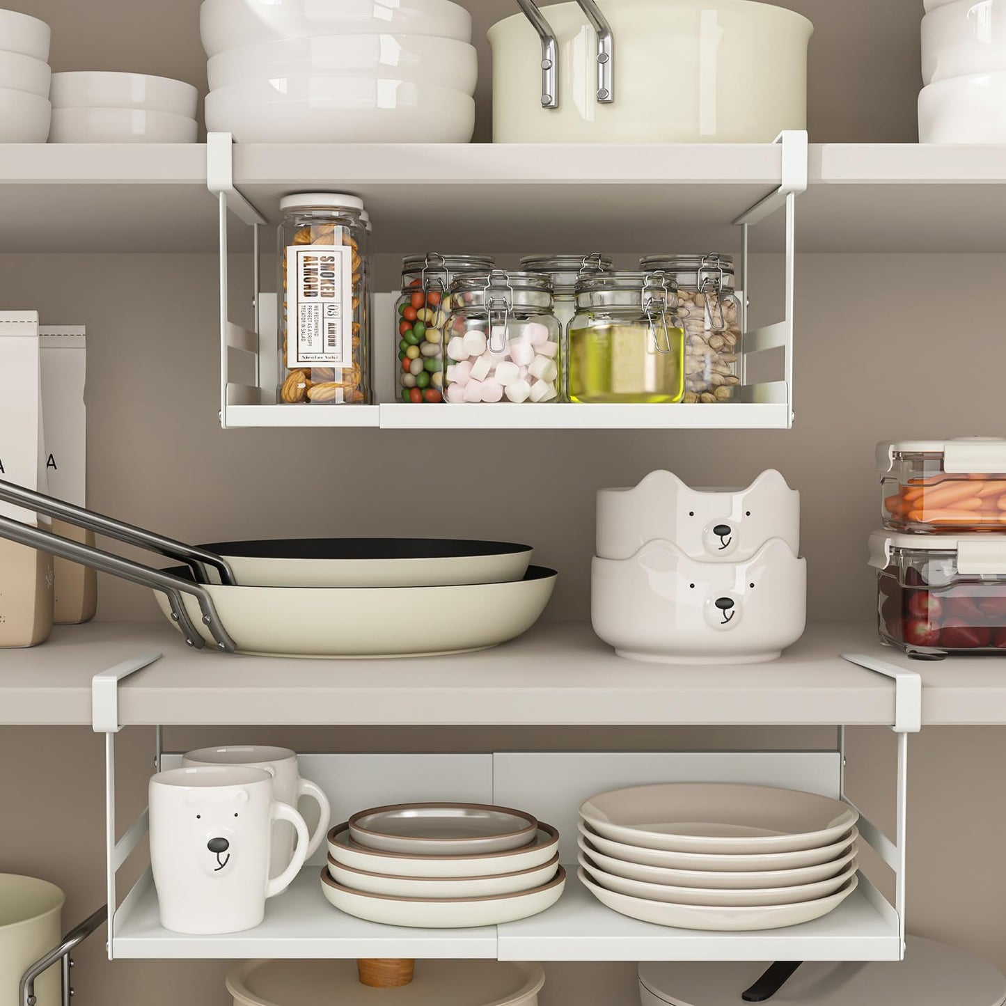 SHINEWON Expandable Under Cabinet Shelf Organizer with 0.94-Inch Thick Clips, Heavy Duty Extendable Under Shelf Storage Basket for Pantry or Laundry Room, White, 1 Pack, Interior: 4.13" H x 7.2" D