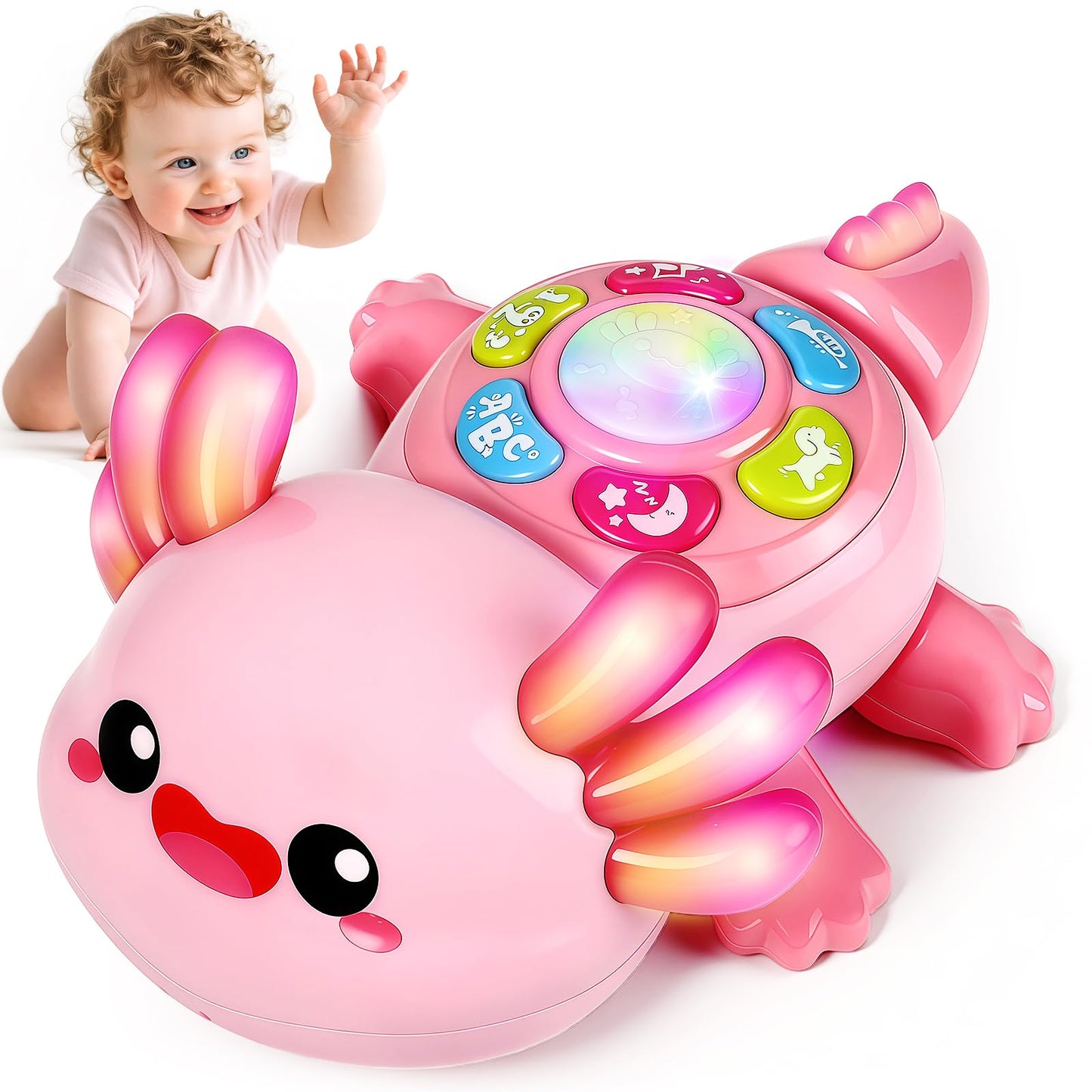 Baby Crawling Toy 6-12 Months, Tummy Time Musical Light-Up Axolotl Toy with Obstacle Avoidance, Interactive Early Educational Learning Toys for Infants 6-9-12 Months, Gift for 1 Year Old Boy Girl