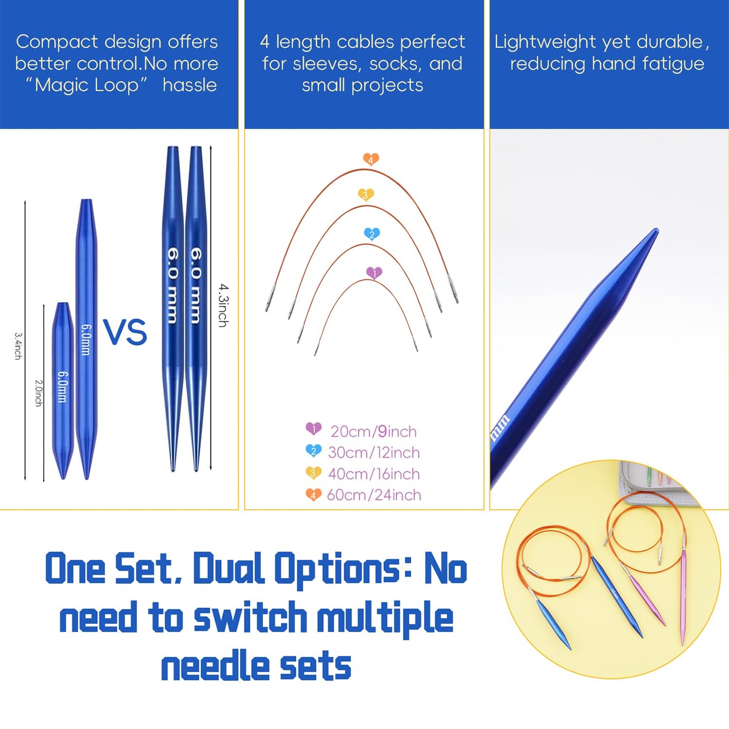 Weabetfu Circular Knitting Needles Set with Case 12 Pairs Interchangeable Aluminum Circle Needles with 4 Flexible Cables 3mm-8mm,Short Circular Needles