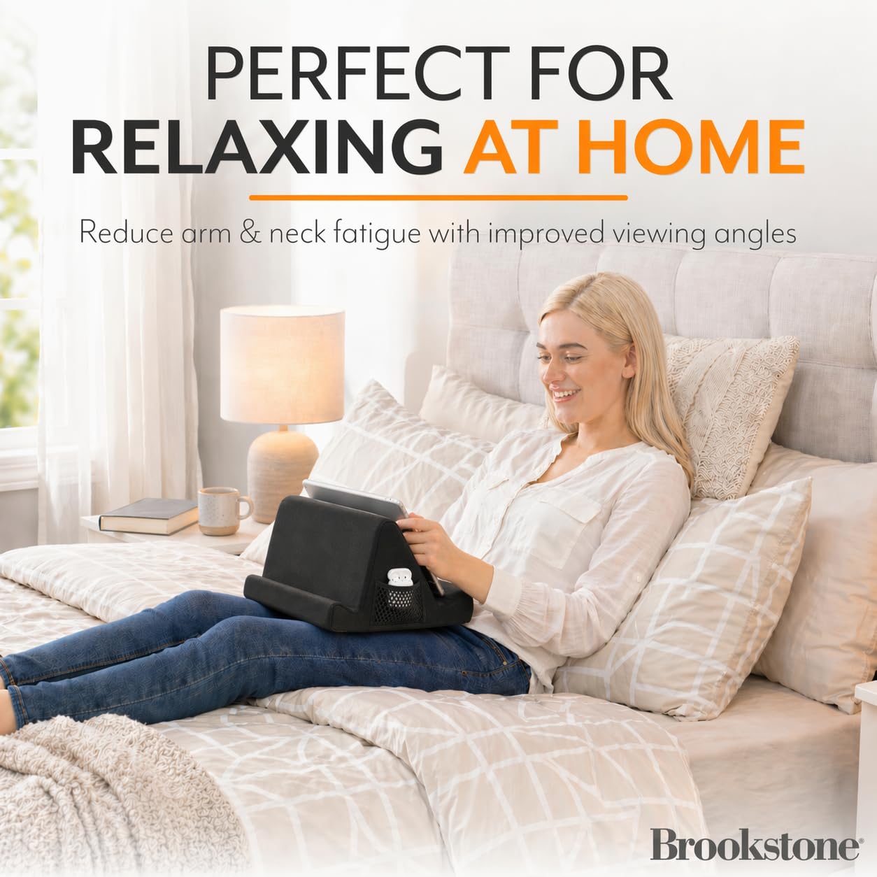 Brookstone Tablet Lap Cushion - Tablet and Phone Holder for Bed, Flights, and Travel, Two Angled Memory Foam Lap Desk for Reading and Hands Free Viewing, Compatible iPad and Kindle Accessories, Black