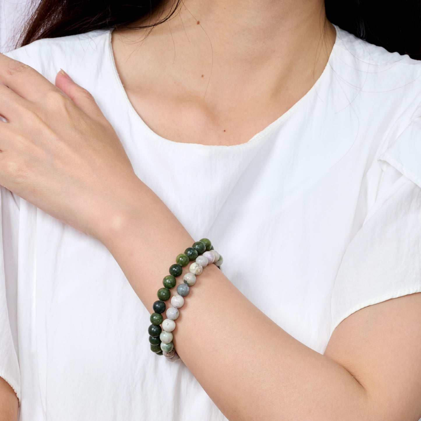 Bivei Natural Gemstone Semi Precious Healing Crystals Handmade Stretchy Round Beads Bracelet, Enhance Positive Energy,Stocking Stuffers for Women(Taiwan Jade & Peace Jade (Growth & Balance)(Large))