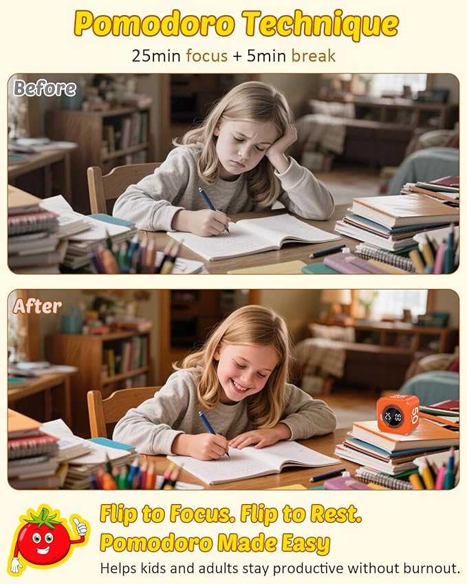 Pomodoro Timer Cube Visual Productivity Flip Timer for Kids Classroom Desk, 5/10/25/50min&Custom Countdown, Silent&Sound Mode Digital Cube for ADHD Study Work School Game Kitchen (Orange)