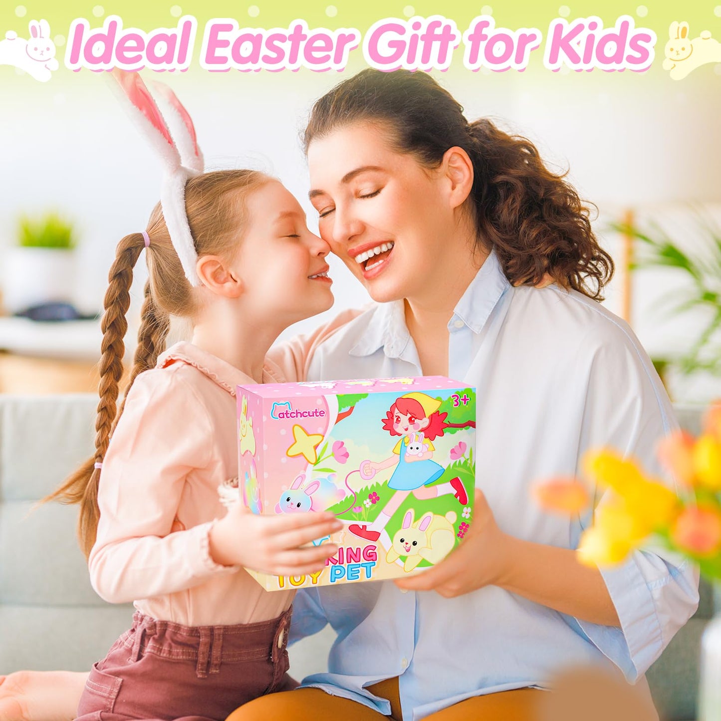 CatchCute Easter Plush Bunny Toys for Kids,Interactive Bunny with Sounds,Can Walk,Wag Tail and Twitch Nose with Remote Control Leash,Easter Eggs with Pull Back Cars,Easter Birthday Gift for Toddlers