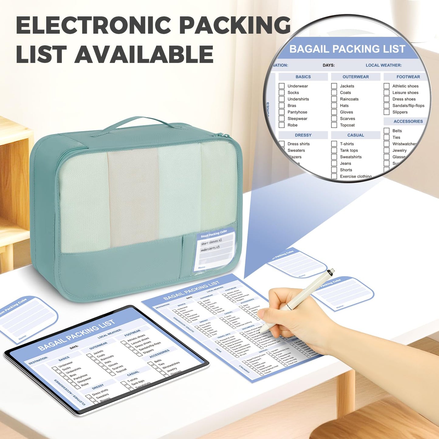 BAGAIL 9 Set Packing Cubes with Packing List Luggage Packing Organizers for Travel Accessories (Dusty Blue)