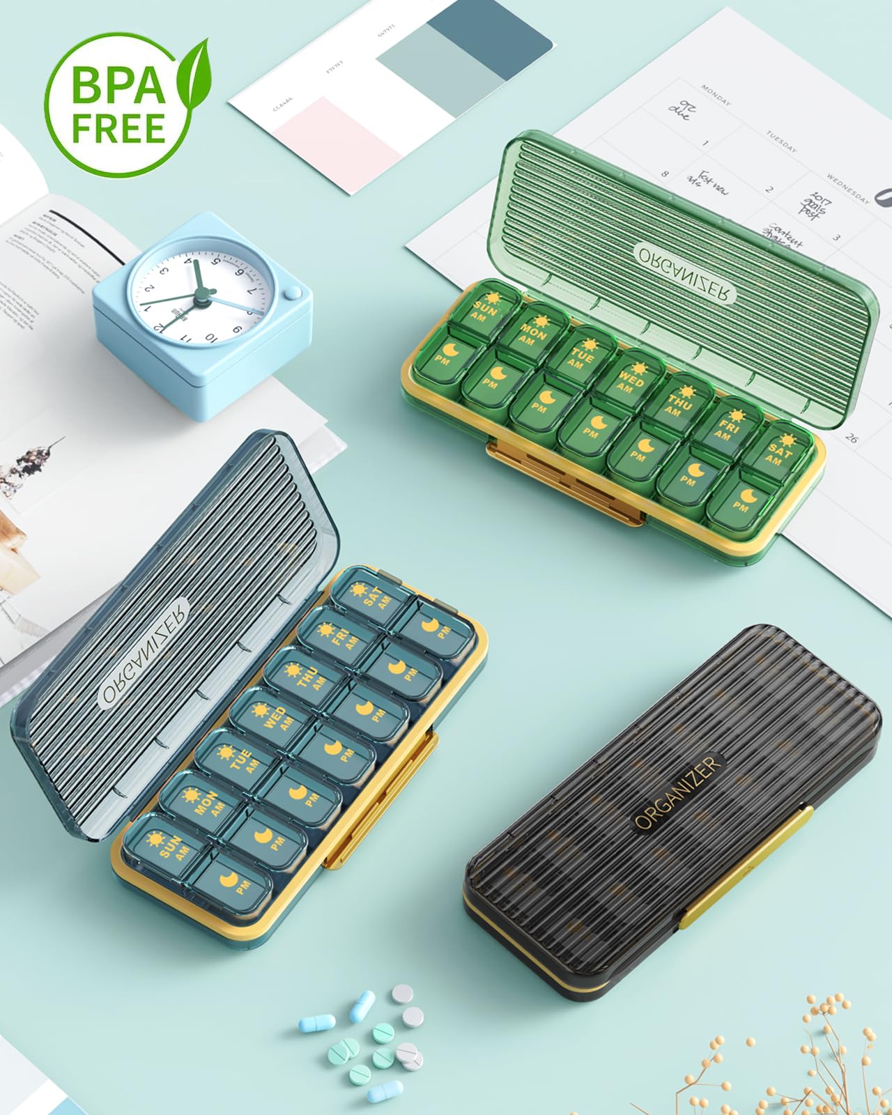 Pill Organizer 2 Times A Day, 7 Day Am Pm Pill Box - Acedada Weekly Pill Organizer with Separate Container, Portable Daily Medicine Planner Dispenser Case for Vitamin, Fish Oils, Supplements, Green