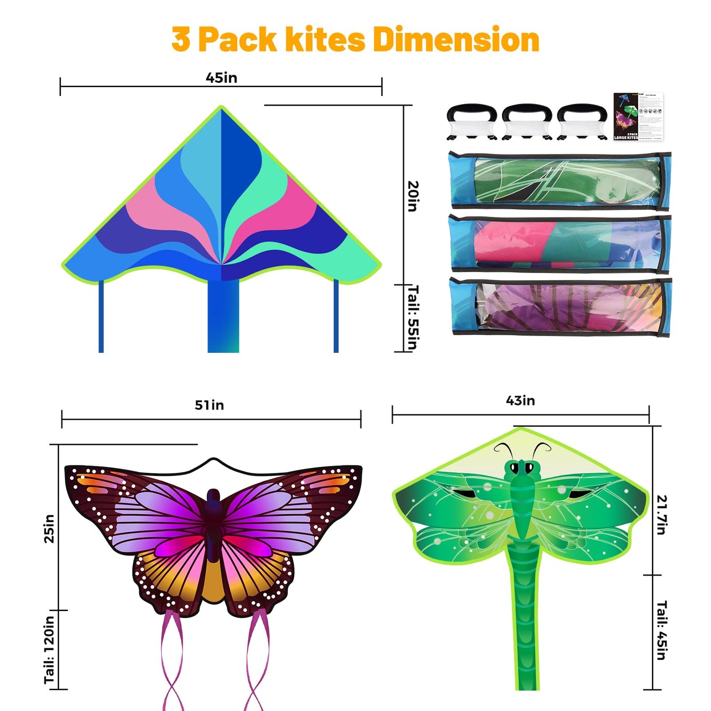 3 Pack Large Kites - Butterfly Delta Dragonfly Kites Easy to Fly for Adults Kids Beach Park Outdoor Game Activities, Gifts for Easter and Festival
