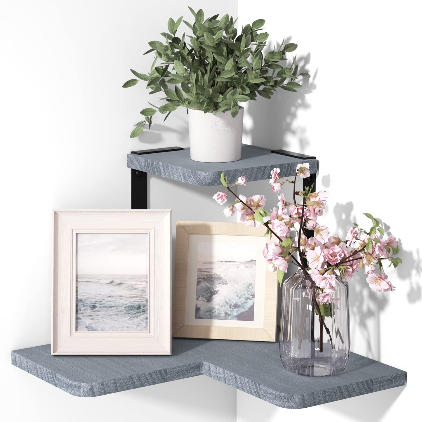 SRIWATANA Rustic Corner Shelf, 2-Tier Wood Wall Shelf, Wall Mounted Storage Shelves for Bedroom, Living Room, Bathroom, Weathered Grey