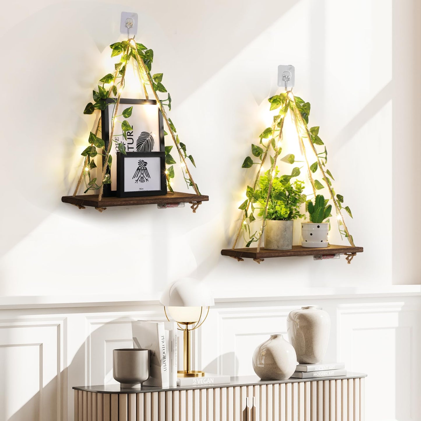EXIN DECHEN Floating Shelves for Wall No Drilling,Wall Shelves,Hanging Shelf,Leaves and Light Strip with Flower,Set of 2 Plant Decor for Home Livingroom Bedroom,Led Room Decor Aesthetic,Gift