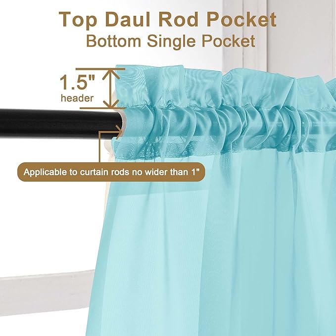 Chyhomenyc Sheer Curtains 63 Inch Length 2 Panels Set, Light Filtering Rod Pocket Window Curtain Treatment Drapes for Bedroom Living Room, Each 42Wx63L, Set of 2, Aqua