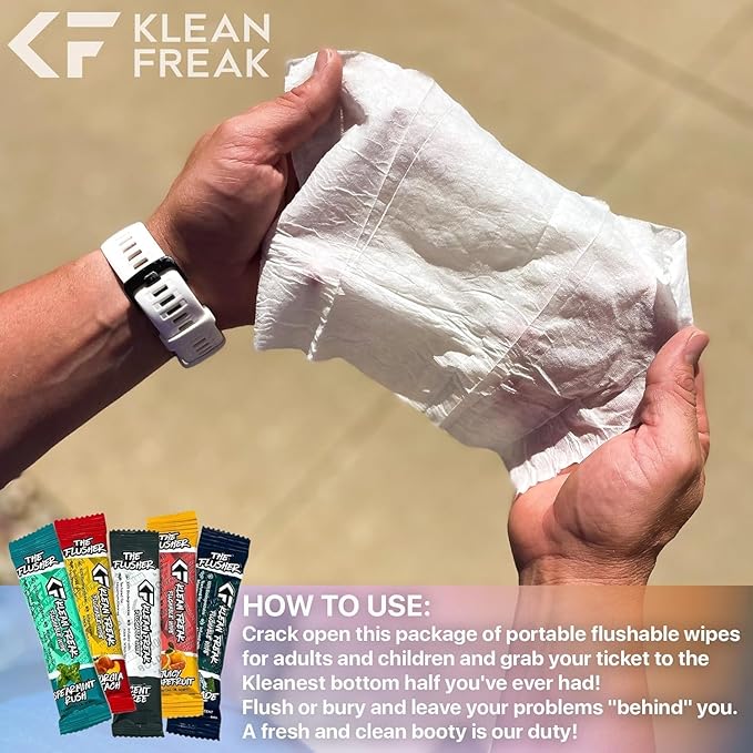 THE KLEAN FREAK FLUSHER - 100 Pack FLUSHABLE WIPES Flushable Wipes For Adults & Kids Unscented/Scented - 100% BIODEGRADABLE Individual Wrapped Travel WET Wipe for Toilet - Scent Free